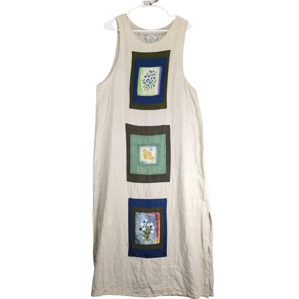 La Blend 100% Linen Maxi Dress Sz M Handpainted Silk Floral Patches Sleeveless